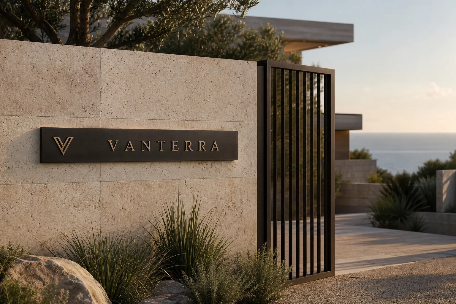 VANTERRA bronze signage at a private coastal residence