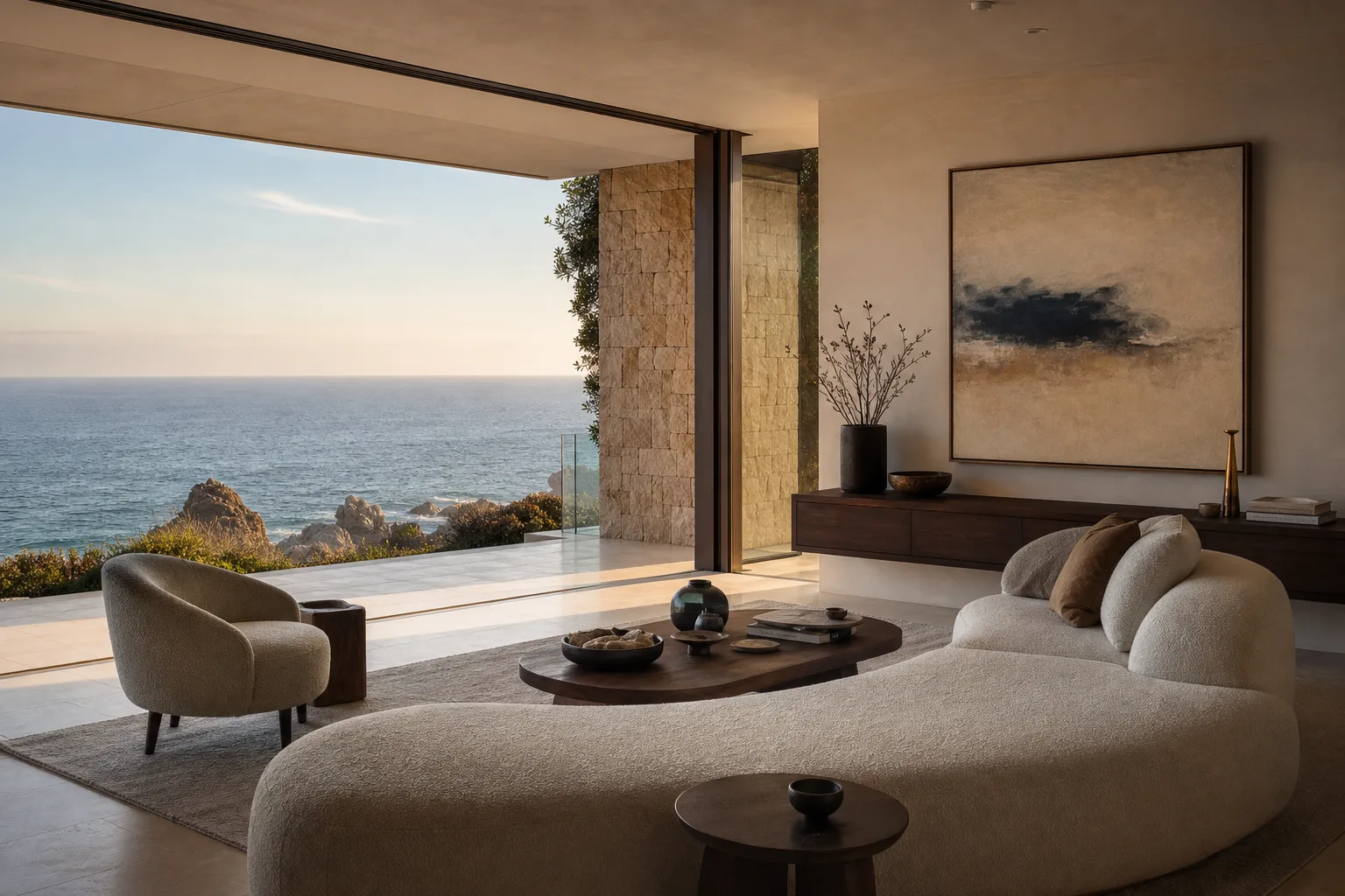 A tactile limestone and walnut living room overlooking the ocean