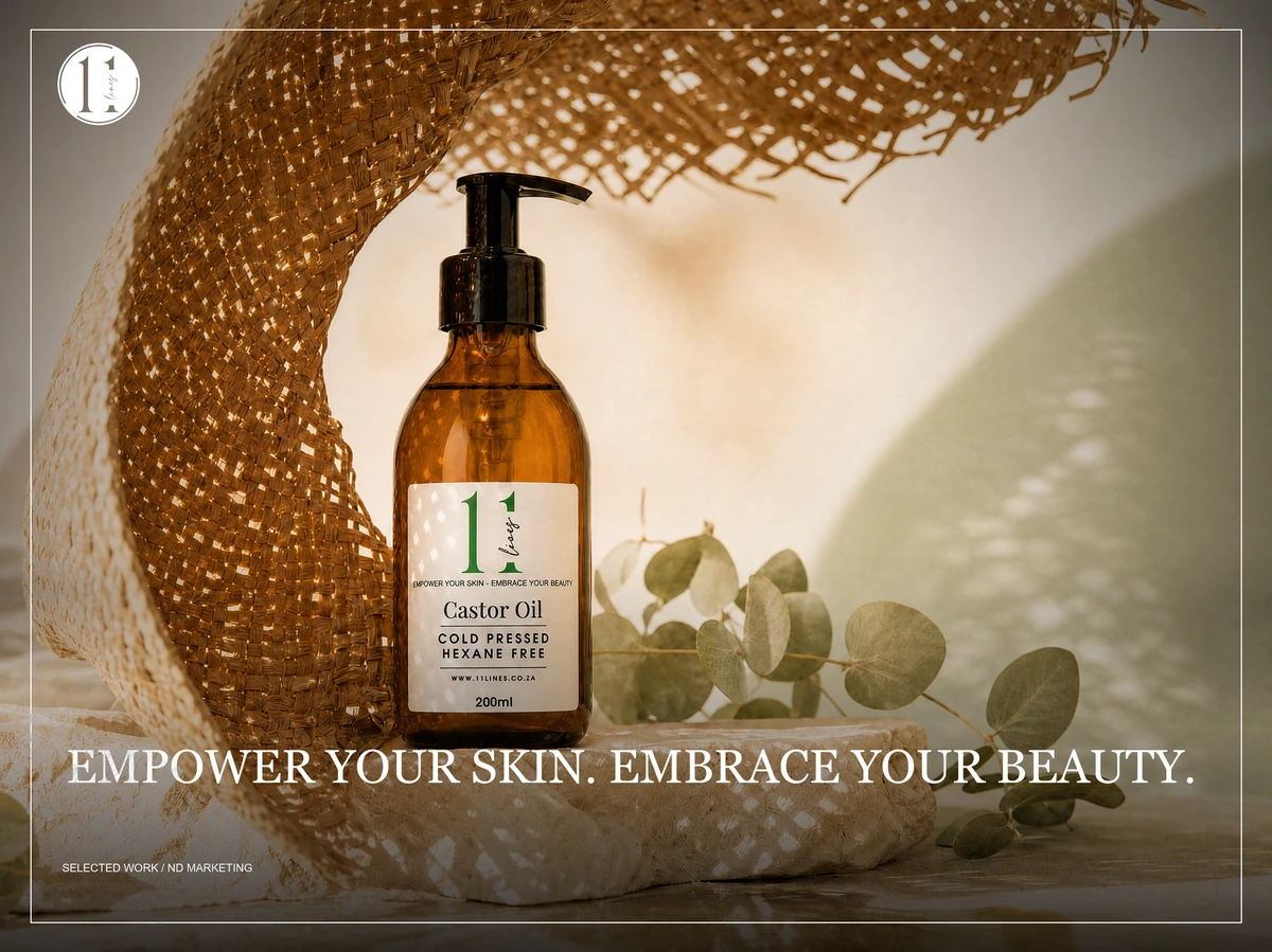 11lines case study: a bottle of cold-pressed castor oil in warm woven light, under the headline “Empower your skin. Embrace your beauty.” ND produced the website and e-commerce design, brand development and social media management.