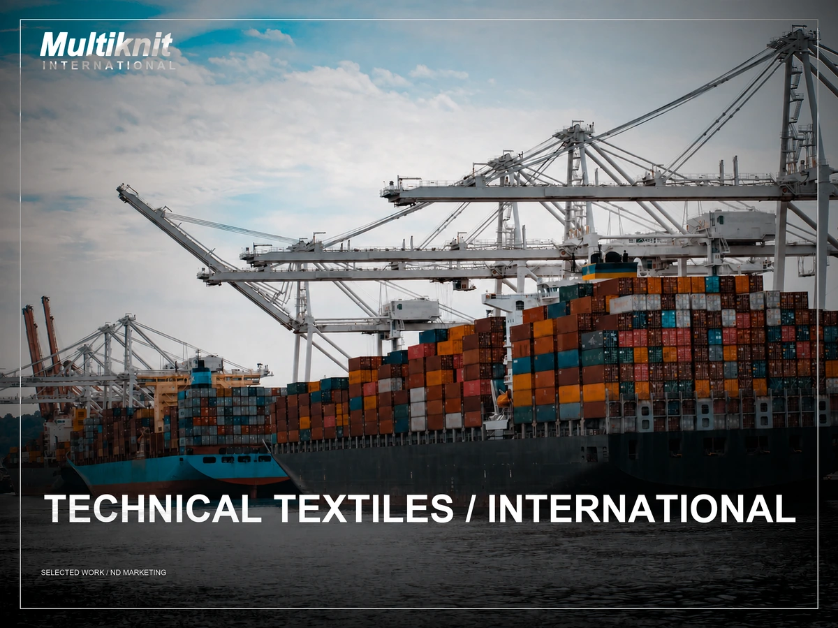 Multiknit case study: container cranes over a loaded ship at a working port, under the headline “Technical textiles / international.” ND produced the full social media management, content production and brand design.