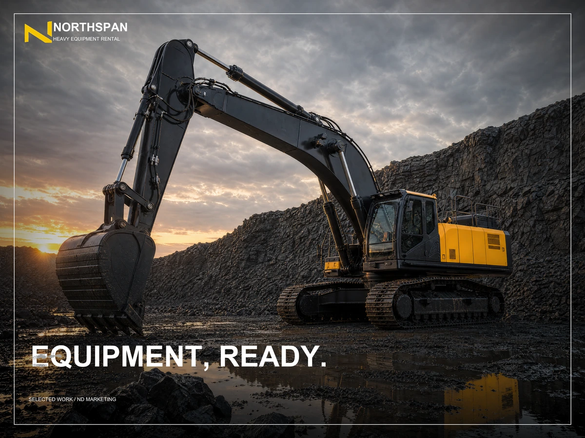 Northspan case study: an excavator on a mountain ridge at sunrise, under the headline “Equipment, ready.” ND produced the naming and positioning, visual identity and digital experience.